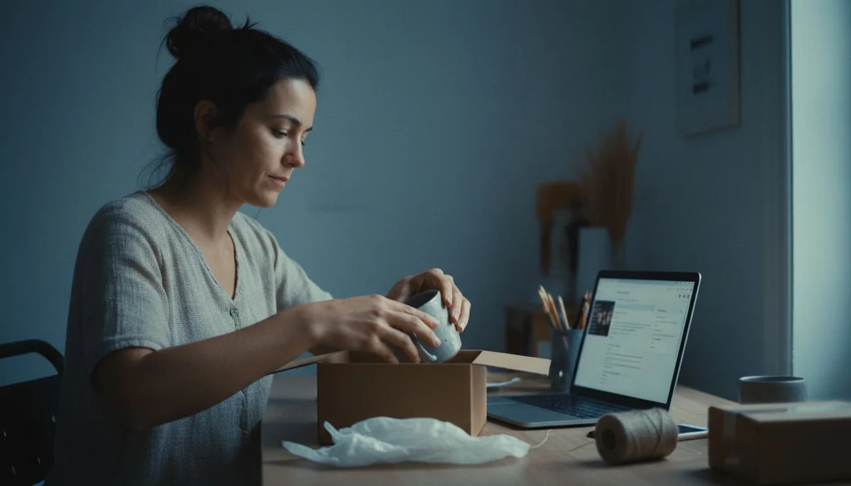 Emprendedora administrando los pedidos de su tienda virtual en una tablet