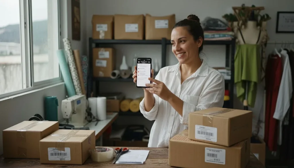 Embudo de ventas: dueña de tienda online recibiendo pedidos en el celular con cajas listas para despachar