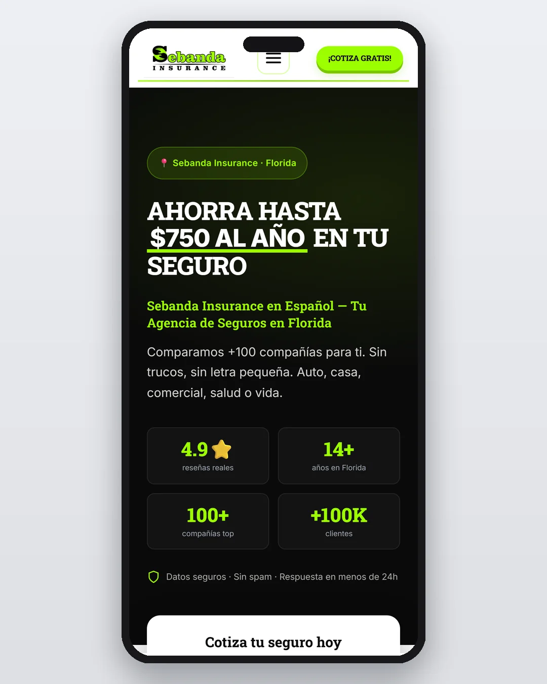 Mockup del sitio web Sebanda Seguros - Digital Trendy 360