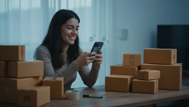 vender por internet en Colombia: emprendedora con pedidos en el celular y paquetes listos para despachar