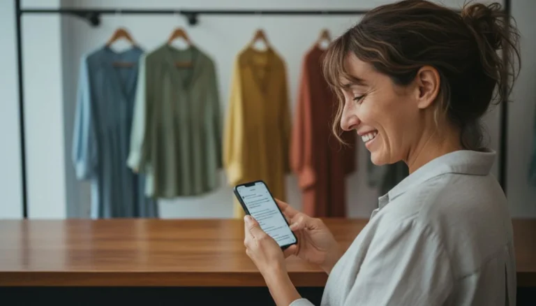 Conseguir clientes por redes sociales: la dueña de una boutique de ropa en Medellín sonríe leyendo en su celular los mensajes de clientas nuevas que llegaron por redes