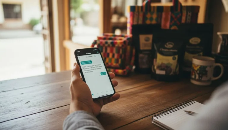 cómo usar ChatGPT en un negocio: dueño consultando un asistente de chat en el celular en el mostrador de su tienda