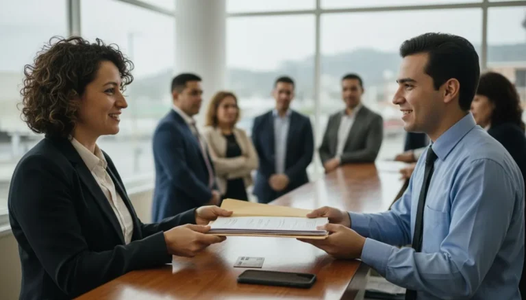 Cuenta empresarial en Bancolombia: dueño de negocio entregando documentos en la sucursal