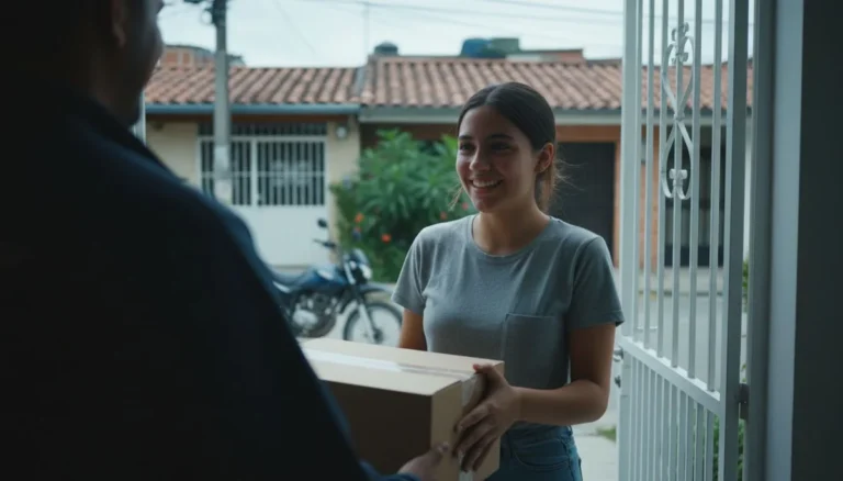 Dropshipping en Colombia: un domiciliario entrega una caja sin marca a una clienta sonriente en la puerta de su casa