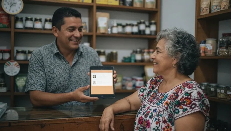 Los mejores CRM para pymes en Colombia: dueño de tienda atiende a un cliente que regresa con su ficha en una tablet