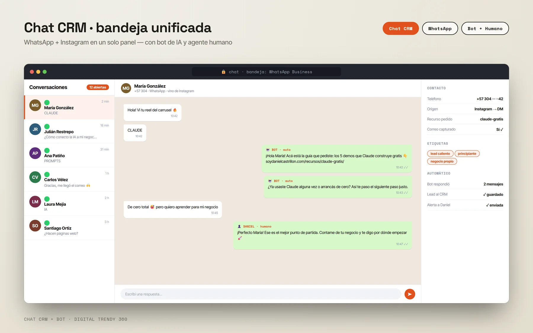 Chat CRM — Bandeja unificada de WhatsApp con bot de IA