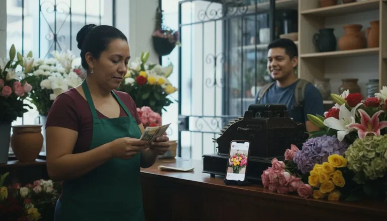 Publicidad en redes sociales: dueña de una floristería en Medellín cuenta billetes junto al celular que muestra su anuncio patrocinado