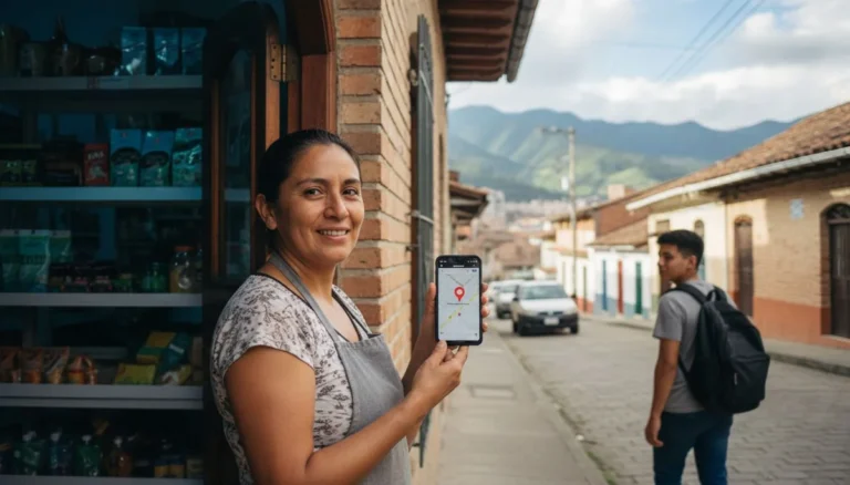 SEO local en Medellín: dueña de un negocio muestra su local ubicado en Google Maps desde el celular