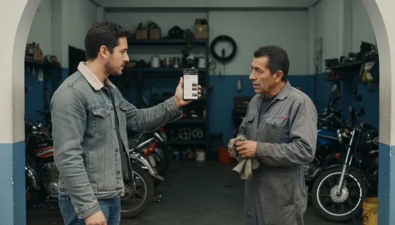 SEO vs SEM: un cliente nuevo le muestra al mecánico de un taller de motos en Medellín la búsqueda de Google que lo trajo