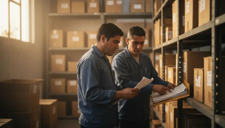 Sistemas ERP: dos empleados de una distribuidora de repuestos en Medellín cotejan la planilla de inventario impresa contra las cajas de la estantería de la bodega
