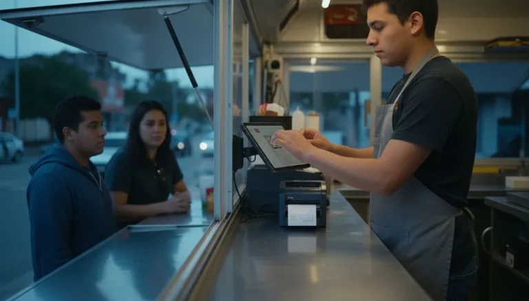 Software punto de venta: vendedor de un food truck en Medellín registra el pedido en la tablet mientras la impresora saca el recibo