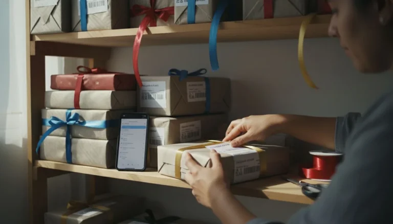 Vender en Amor y Amistad: la dueña de una tienda de bisutería en Medellín pega la guía de envío a una caja de regalo en el estante de pedidos listos