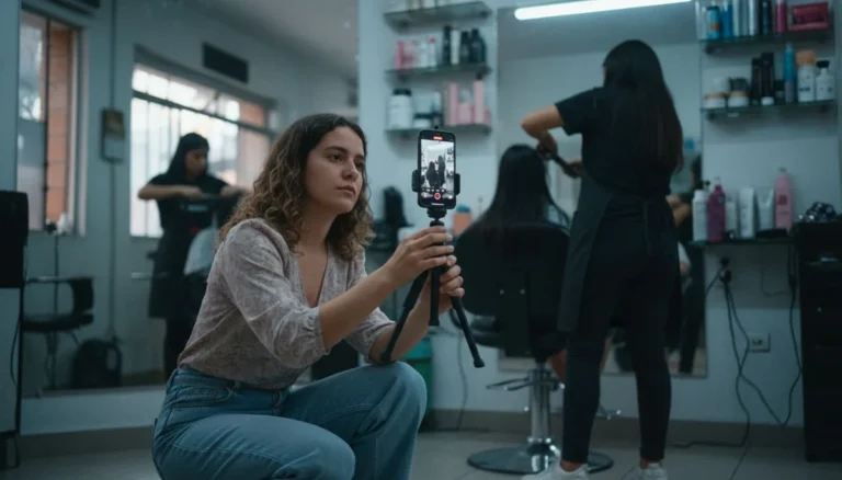 Community manager precios: una community manager graba con el celular en trípode a la estilista de un salón de belleza de barrio en Medellín