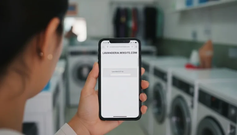 Crear página web gratis: el celular muestra el sitio de una lavandería publicado con la dirección gratuita lavanderia.wixsite.com