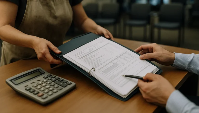crédito para empresas: la dueña de un negocio le entrega al asesor del banco la carpeta con los papeles financieros, junto a una calculadora sobre el escritorio