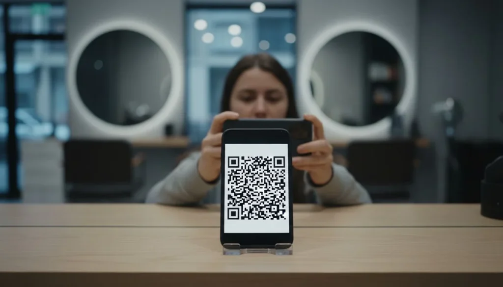 datáfono Wompi: el cliente escanea con su celular el código QR de cobro que muestra el teléfono sobre el mostrador de un salón de belleza