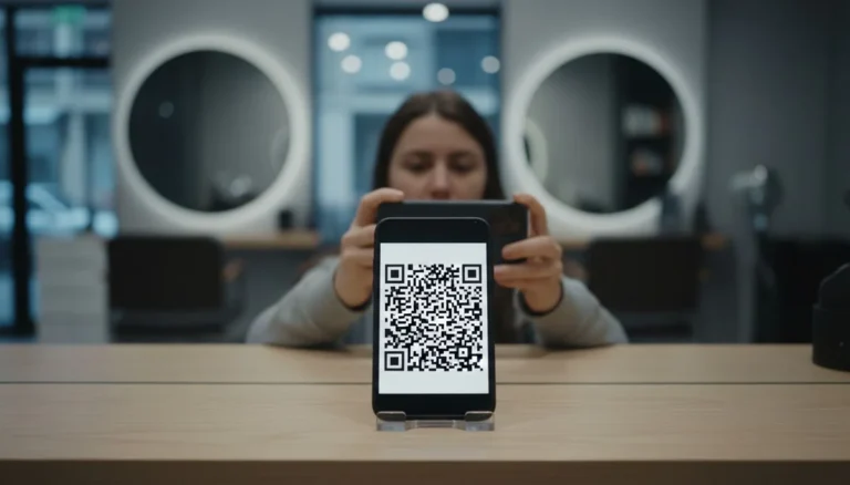 datáfono Wompi: el cliente escanea con su celular el código QR de cobro que muestra el teléfono sobre el mostrador de un salón de belleza