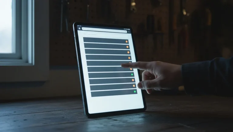 mantenimiento de páginas web: la tablet muestra la lista de actualizaciones pendientes del sitio con sus avisos, revisada sobre el mesón del taller