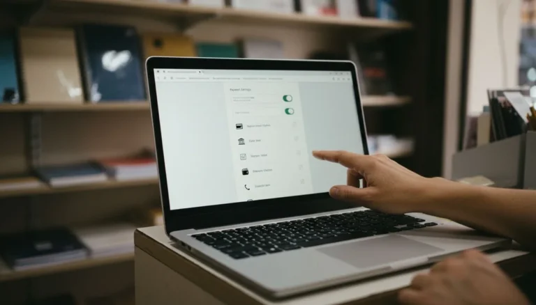 pasarela de pagos WooCommerce: la pantalla del portátil muestra la configuración de métodos de pago de la tienda con tarjeta, banco, billetera y celular, y las llaves ya conectadas