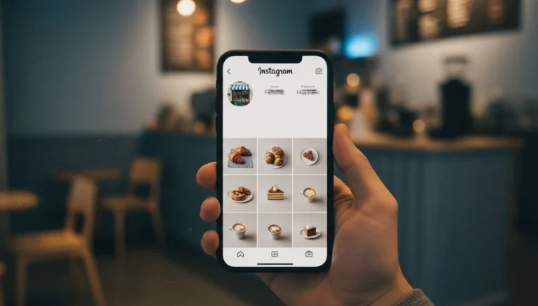 Instagram para negocios: el celular muestra el perfil de Instagram de un negocio con su cuadricula de fotos de producto