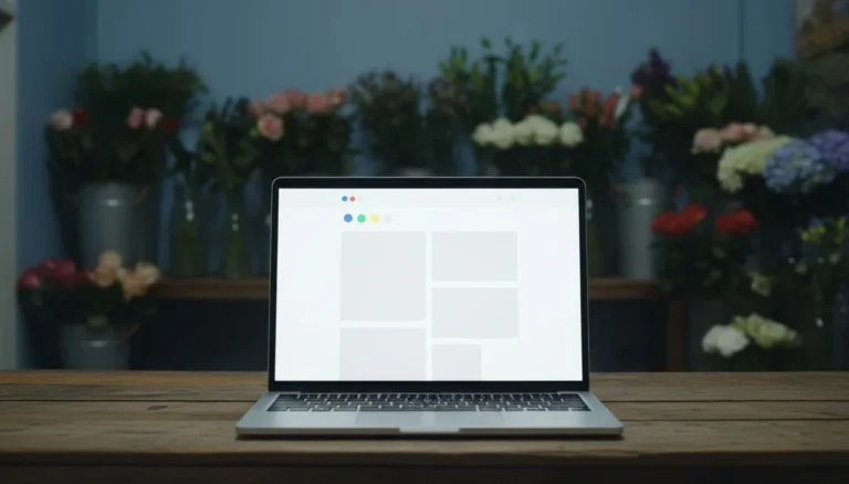 página web con Google: la pantalla del portátil muestra el sitio de una floristería a medio armar en el constructor de Google, con los cuatro colores de la marca