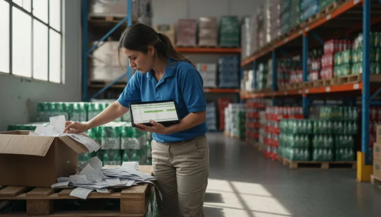 Software contable: la administradora de una distribuidora de bebidas en Medellín registra en la tablet los recibos de papel de una caja, en la bodega
