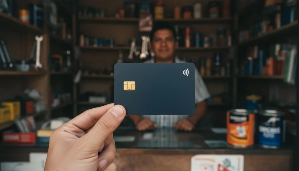 tarjeta de crédito empresarial: la mano del dueño de una ferretería sostiene la tarjeta azul con chip frente al mostrador del local