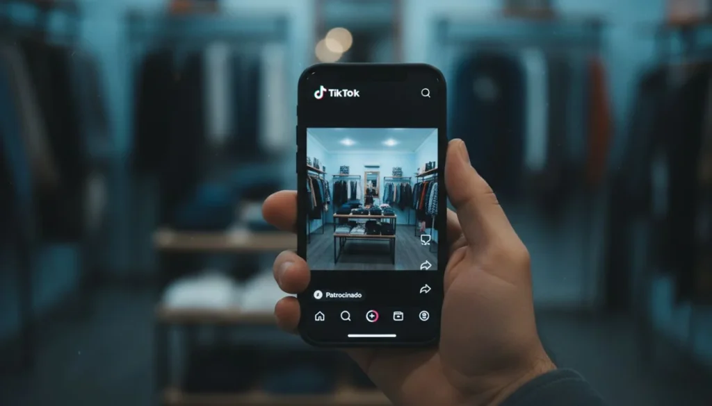 TikTok Ads: el celular muestra la app de TikTok con un anuncio de una tienda de ropa marcado como patrocinado