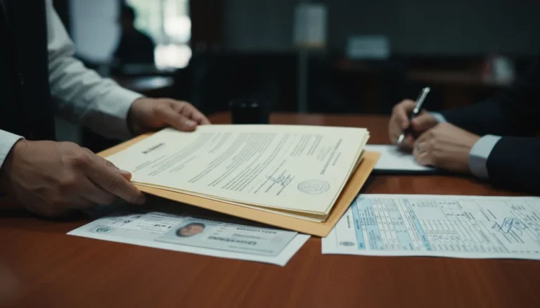 abrir cuenta empresarial BBVA: las manos del dueño entregan la carpeta con el certificado de cámara de comercio, la cédula y el formulario tributario sobre el escritorio del asesor bancario