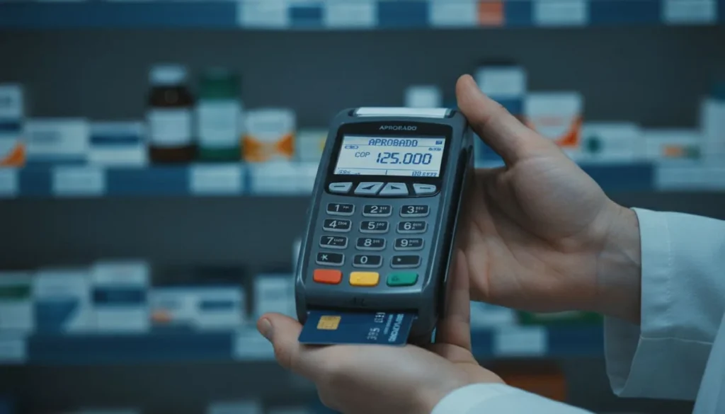 datáfono Credibanco: la mano de una auxiliar de droguería sostiene el datáfono con la tarjeta insertada y la pantalla en APROBADO por 125.000 pesos