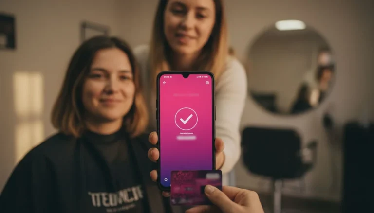 datáfono Nequi: una clienta acerca su tarjeta al celular que hace de terminal de cobro, con la pantalla de pago aprobado, en una peluquería