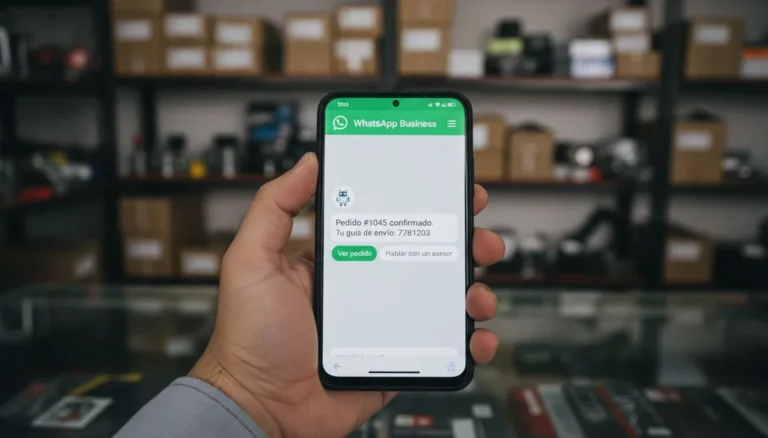API de WhatsApp Business: una mano sostiene un celular con un chat de WhatsApp Business que muestra un mensaje automático de pedido confirmado y guía de envío, en una tienda de repuestos de motos