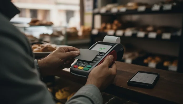 datáfono Davivienda: un cliente acerca su tarjeta al datáfono inalámbrico con la pantalla de pago aprobado, sobre el mostrador de una panadería de barrio