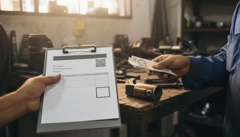 documento soporte: el dueño de un taller mecánico sostiene en un portapapeles el comprobante de compra con código QR mientras le paga en efectivo a un soldador independiente