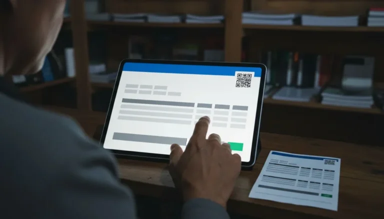 facturador gratuito DIAN: en el mostrador de una papelería, una tablet muestra la factura electrónica con código QR mientras una mano toca el botón verde de enviar, junto a la factura impresa