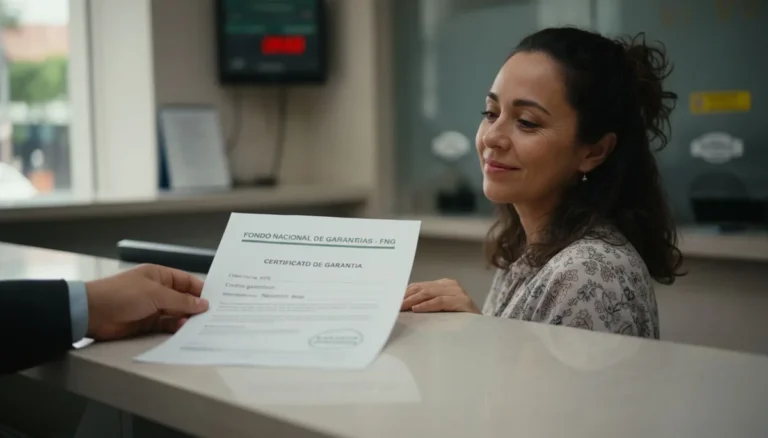 Fondo Nacional de Garantías: una asesora del banco entrega en la ventanilla un certificado de garantía del FNG con cobertura del 50 % a la dueña de un salón de belleza, que lo lee aliviada