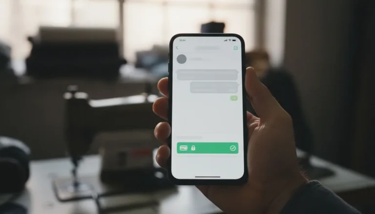 link de pago: un celular en la mano muestra el chat con el cliente y la tarjeta de pago con el botón verde, en un taller de confección