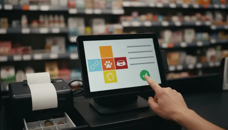 Loggro POS: la pantalla táctil del sistema POS con la cuadrícula de productos y el botón de cobro, junto a la impresora de tickets y el cajón de dinero abierto, en una tienda de mascotas