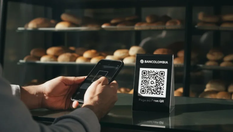 QR Bancolombia para negocio: un cliente escanea con el celular el código QR negro de Bancolombia puesto en el mostrador de una panadería