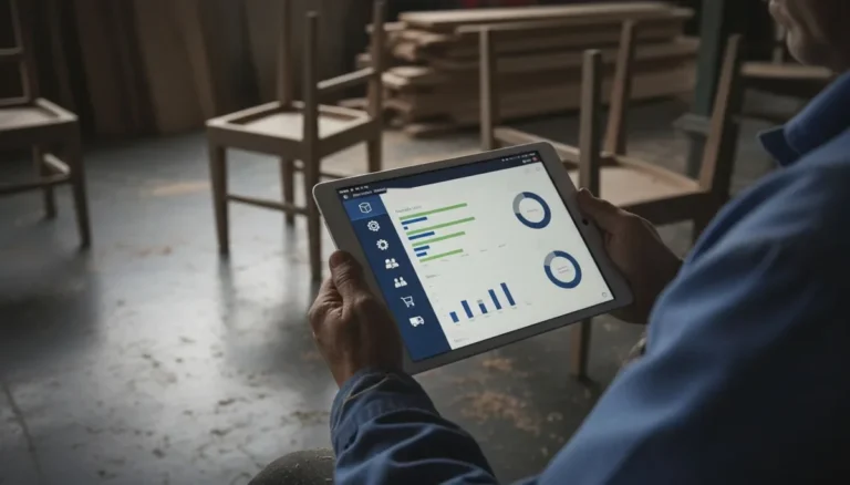 Siesa ERP: una tablet muestra el tablero de un sistema ERP con módulos de inventario, producción, nómina y compras, en el piso de una fábrica de muebles