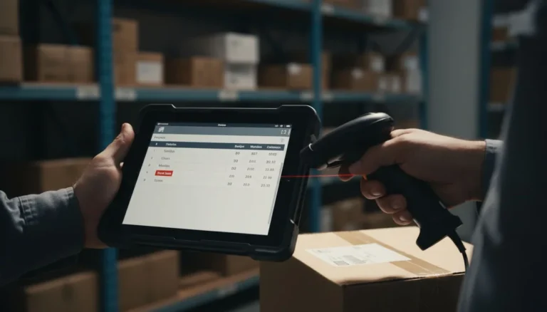 software de inventario: una mano sostiene una tablet con la tabla de existencias por bodega y una alerta roja de stock bajo, mientras la otra escanea una caja en la bodega de una distribuidora