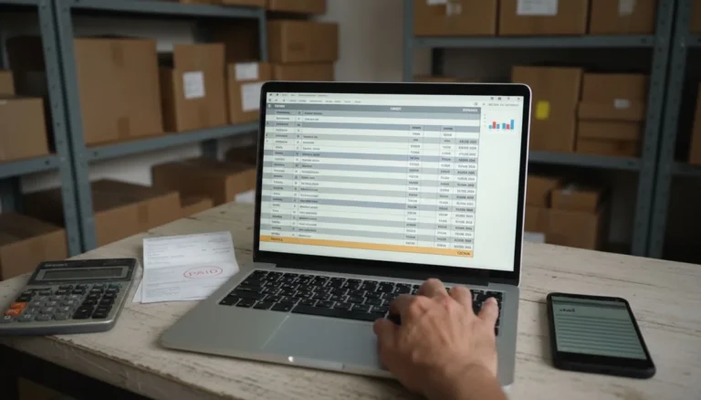 World Office software contable: un portátil muestra el libro contable con columnas de débito y crédito, junto a una calculadora y una factura pagada, en la bodega de una distribuidora