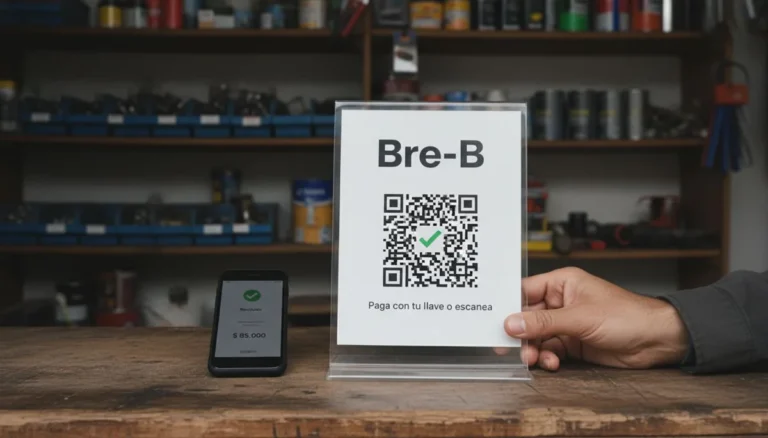 Bre-B: letrero de pago con la palabra Bre-B, un código QR y la frase Paga con tu llave o escanea sobre el mostrador de una ferretería, junto a un celular con el pago recibido