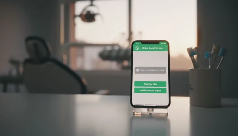 Chatbot para WhatsApp: un celular en un soporte sobre el mostrador de una clínica dental muestra el asistente virtual en WhatsApp con botones para agendar cita y hablar con un asesor