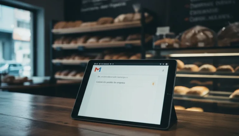 Correo corporativo: una tableta sobre el mostrador de una panadería muestra Gmail de Google Workspace con un correo enviado desde pedidos@panaderialaespiga.co y el asunto Cotización pedido de empresa