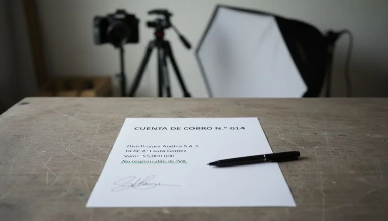 Cuenta de cobro: una hoja impresa con el título Cuenta de cobro n.º 014, el valor, la firma y la línea No responsable de IVA subrayada en verde, sobre la mesa de trabajo de un estudio de fotografía con la cámara y el softbox desenfocados al fondo
