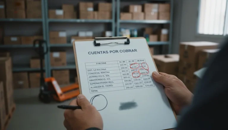 Cuentas por cobrar: unas manos sostienen en la bodega de una distribuidora un reporte de cuentas por cobrar por días de vencimiento, con los saldos de 61 a 90 y más de 90 días marcados en rojo