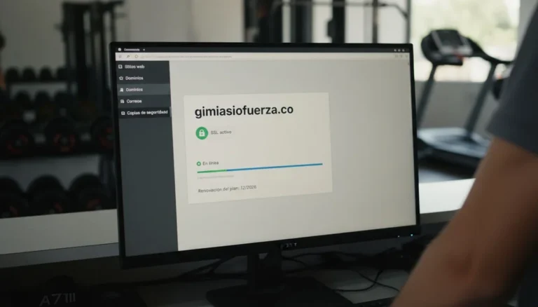 Hosting en Colombia: un monitor en la recepción de un gimnasio muestra el panel de hosting con el dominio gimnasiofuerza.co, el candado de SSL activo, el estado En línea y la fecha de renovación del plan