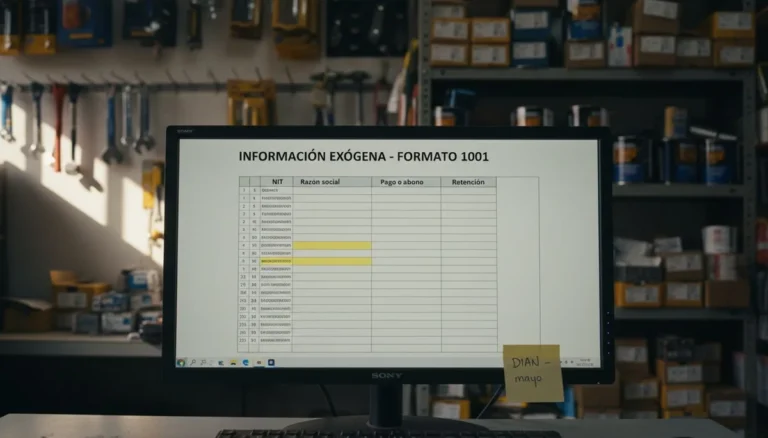 Información exógena: un monitor en la trastienda de una ferretería muestra la hoja del formato 1001 con las columnas NIT, razón social, pago y retención, una fila resaltada en amarillo y una nota adhesiva que dice DIAN mayo