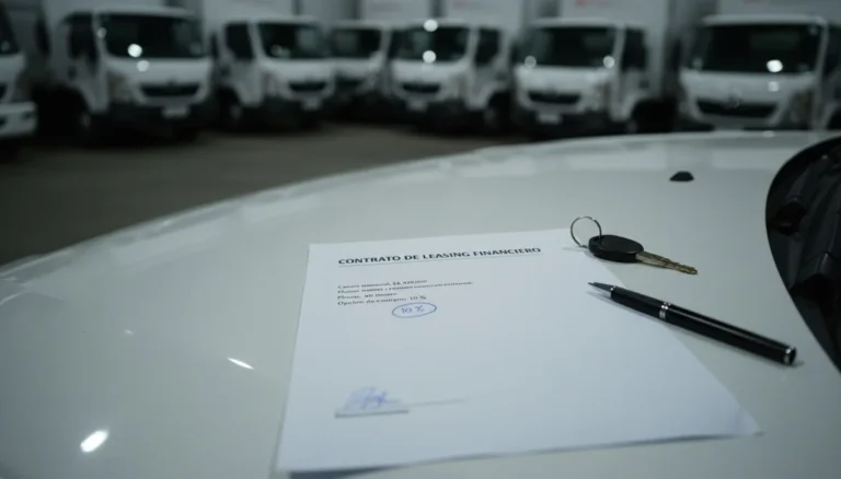 Leasing financiero: un contrato de leasing financiero con la opción de compra del 10 % encerrada en azul, las llaves y un bolígrafo sobre el capó de un camión de reparto nuevo en el patio de una empresa de logística